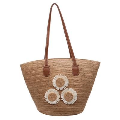 Woven Straw Tote Bag with Flower Embellishments Leather Handles Summer Beach Bag Women's Casual Handbag Large Capacity