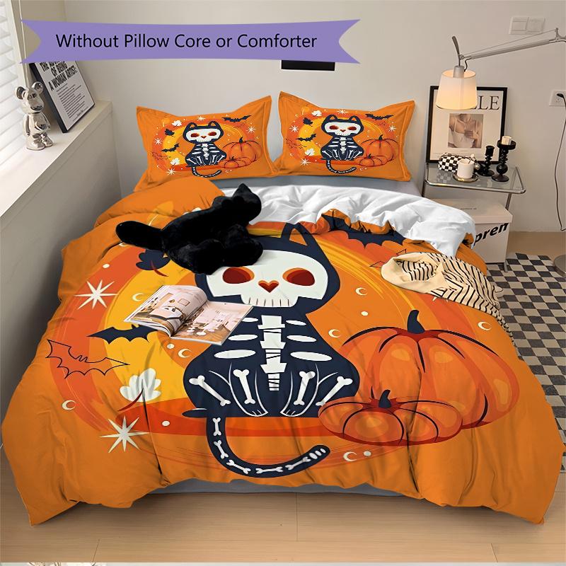 3pcs Cat Skull Halloween Elements Printed Quilt Set - Includes 1 Quilt Cover and 2 Pillowcases, Machine Washable - Suitable for All Seasons.H020