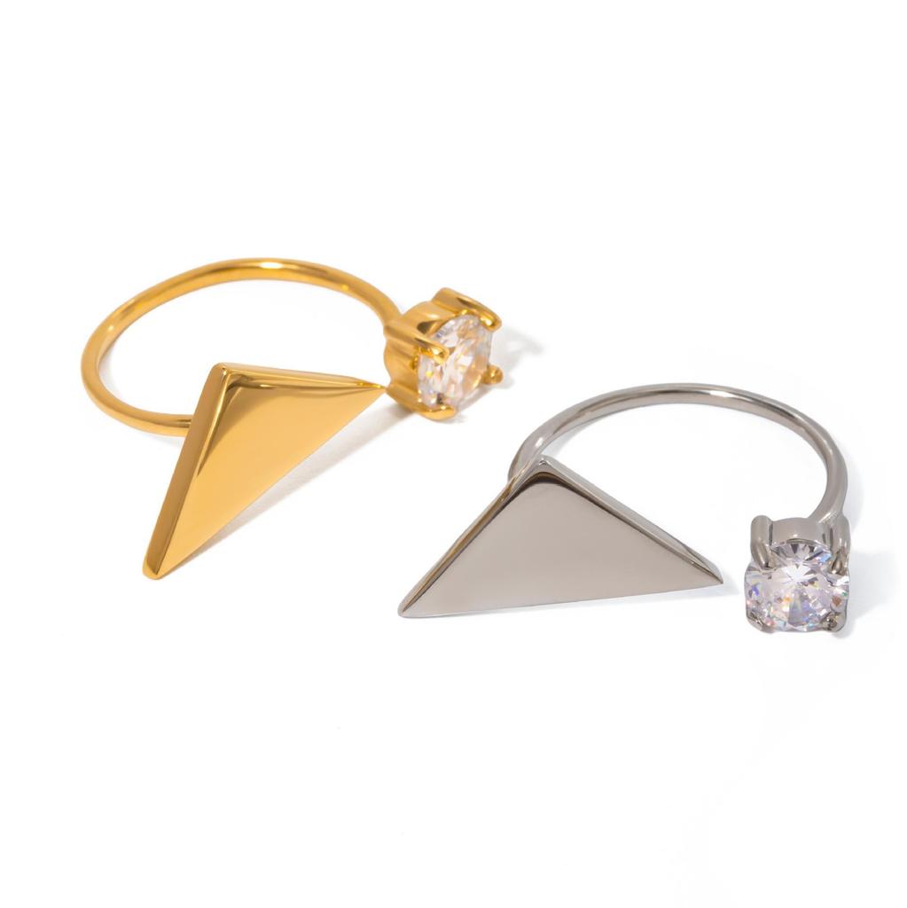 18k Gold Polished Triangle Zircon Open Ring, European & American Style Fashion Jewelry.