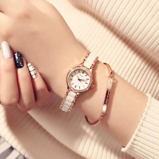 KIMIO K6121 Watch Simple White Rose Gold Watch Diamond Women's - Design, Ceramic, Band, Dial.