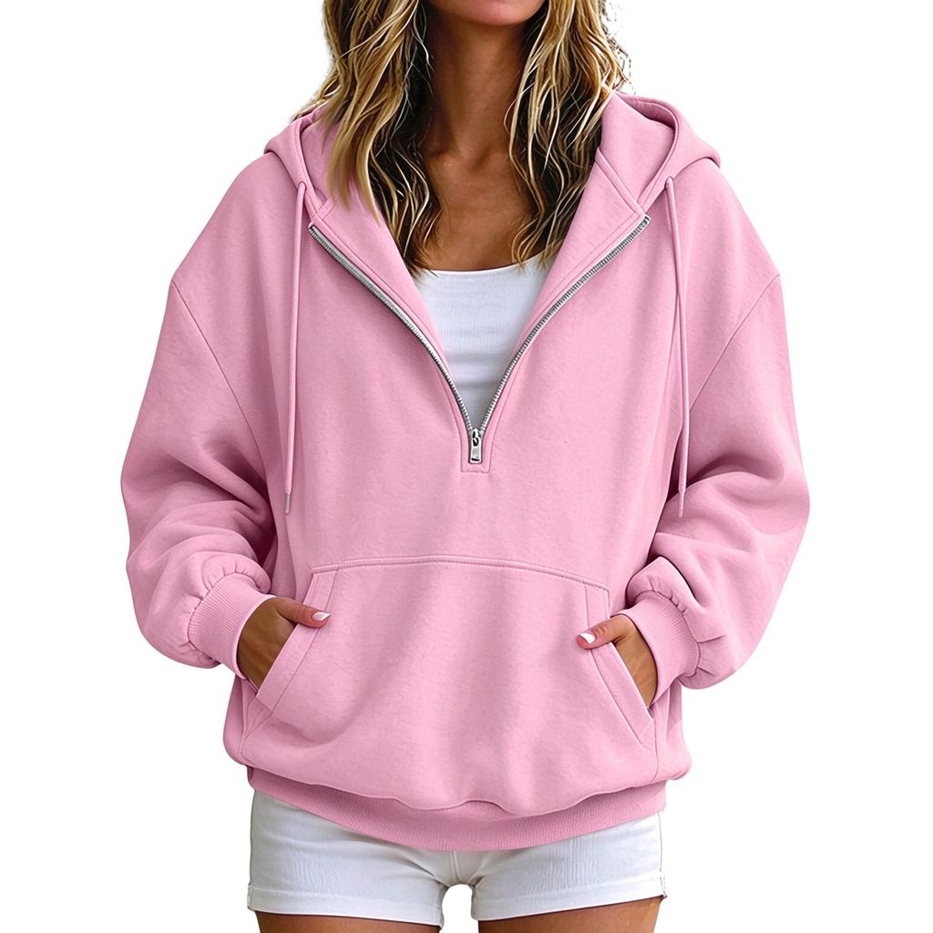 Women's Hooded Half-Zip Pullover with Pockets Casual Comfortable Long Sleeve Top for Everyday Wear