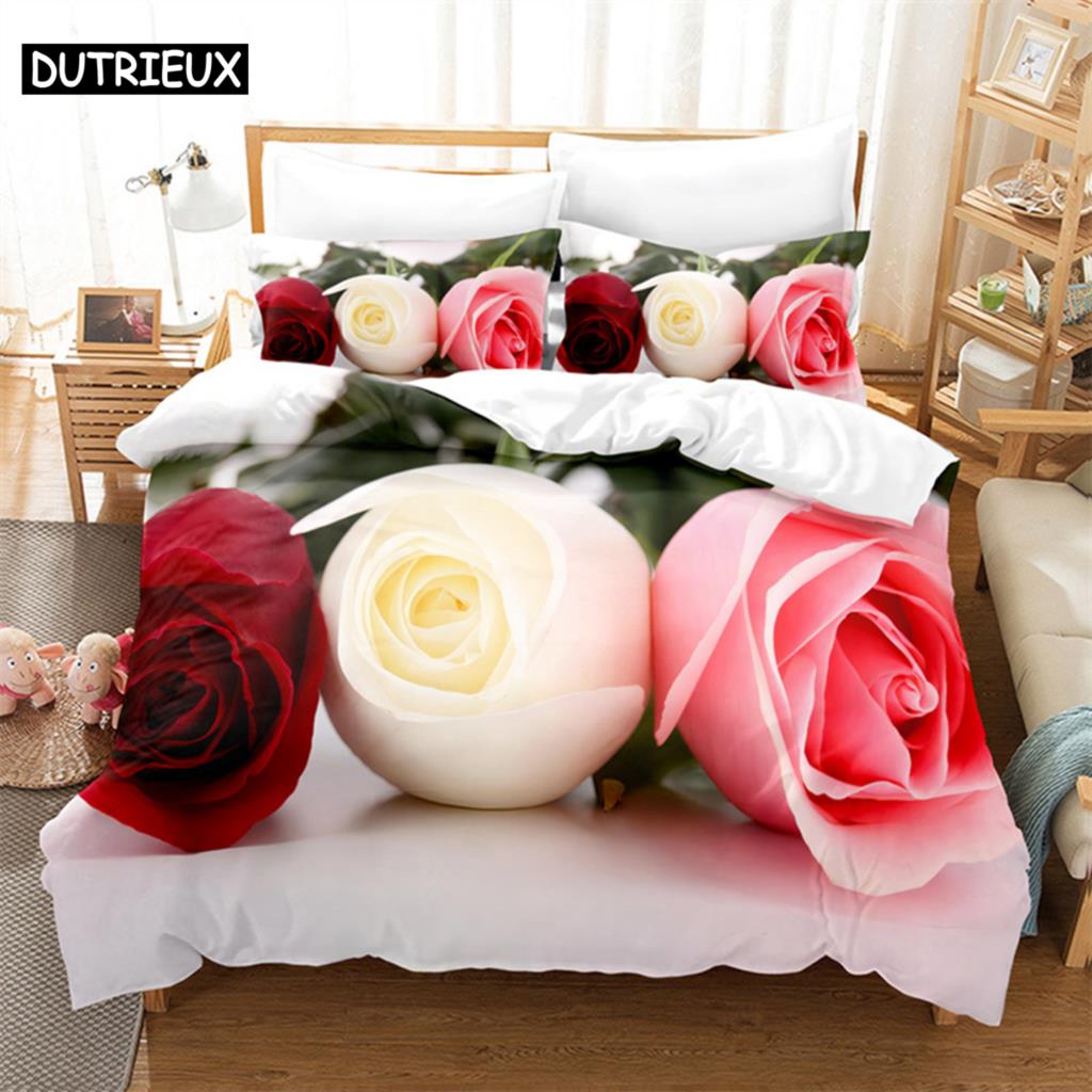 Flower Duvet Cover Set Double Bed Single Red Rose Quilt Cover Thin 3D Comforter Bedding Sets 3pcs 2Pcs King Size Full Wedding