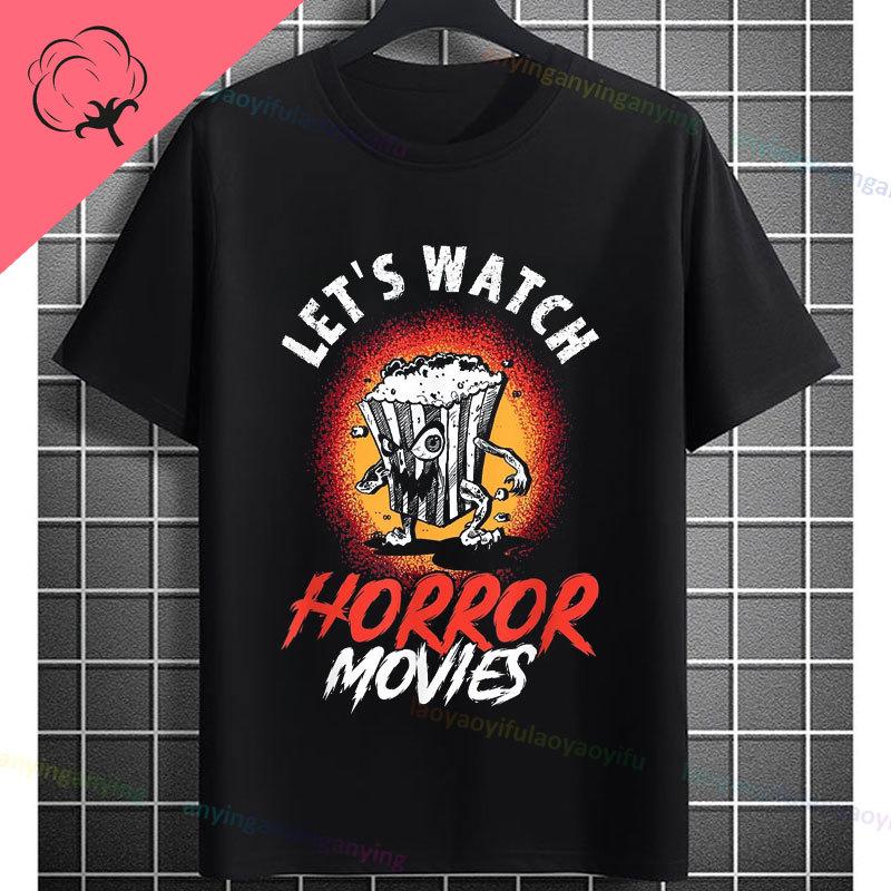 Retro Lets Watch Horror Movies Design Halloween Movie Lovers Graphic Tshirt Short Sleeve 100cotton Originality Casual Tshirt