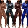Casual Women Solid Color Faux Leather Turn Down Collar Shirt Pants Two-piece Set