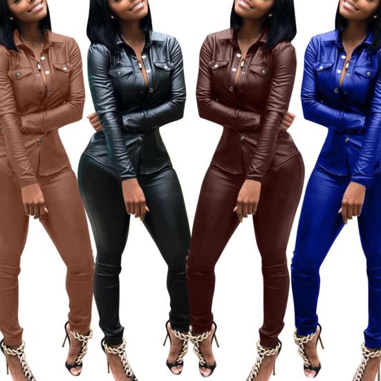 Casual Women Solid Color Faux Leather Turn Down Collar Shirt Pants Two-piece Set