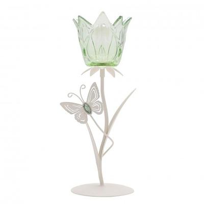 Hestia Single Stem Candle Holder With Green Glass And Butterflies On Matte Off White Base