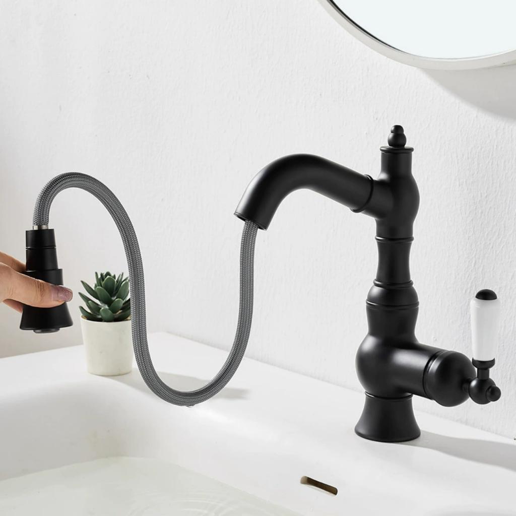 Gold Basin Faucet Antique Brass Pull Out Bathroom Faucet Hot & Cold Black Bathroom Sink Faucet Decked Lavotory Faucet Sink Mixer