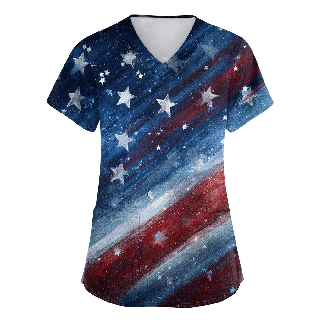 Women's V-neck Independence Day print short-sleeved pocket side-opening protective work shirt