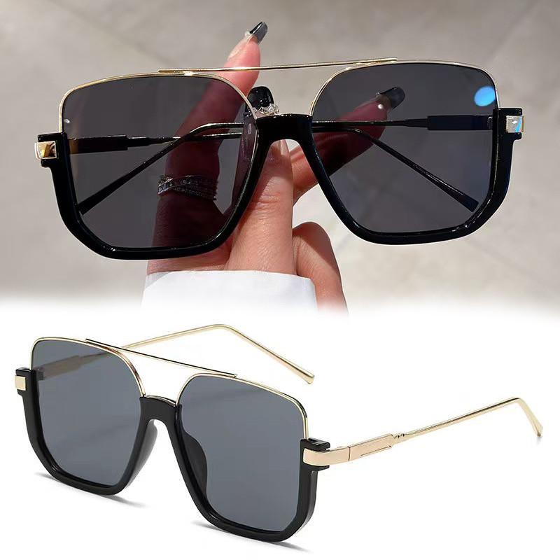 Retro Double Beam Large Frame Metal Sunglasses For Women Men fashion Square Brown Driving Glasses Outdoor Shades UV Resistance