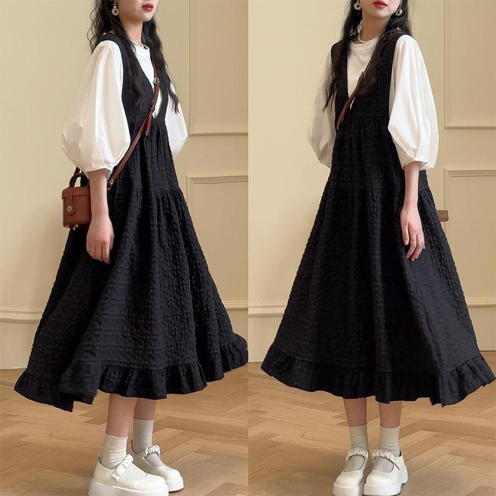 Retro Japanese V-Neck Strap Dress: Women's Korean Style, Loose Slimming, Plus Size Maternity Summer Fashion