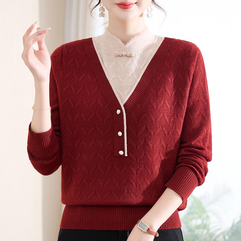 2025 Autumn/Winter New Arrival: Loose Long Sleeve Knit Sweater for Middle-Aged and Elderly Women - Simple, Comfortable Fake Two-Piece Style