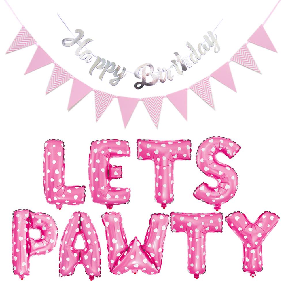 LET'S PAWTY Foil Balloon & Triangle Flag Set for Pet Birthday Party Decor pink