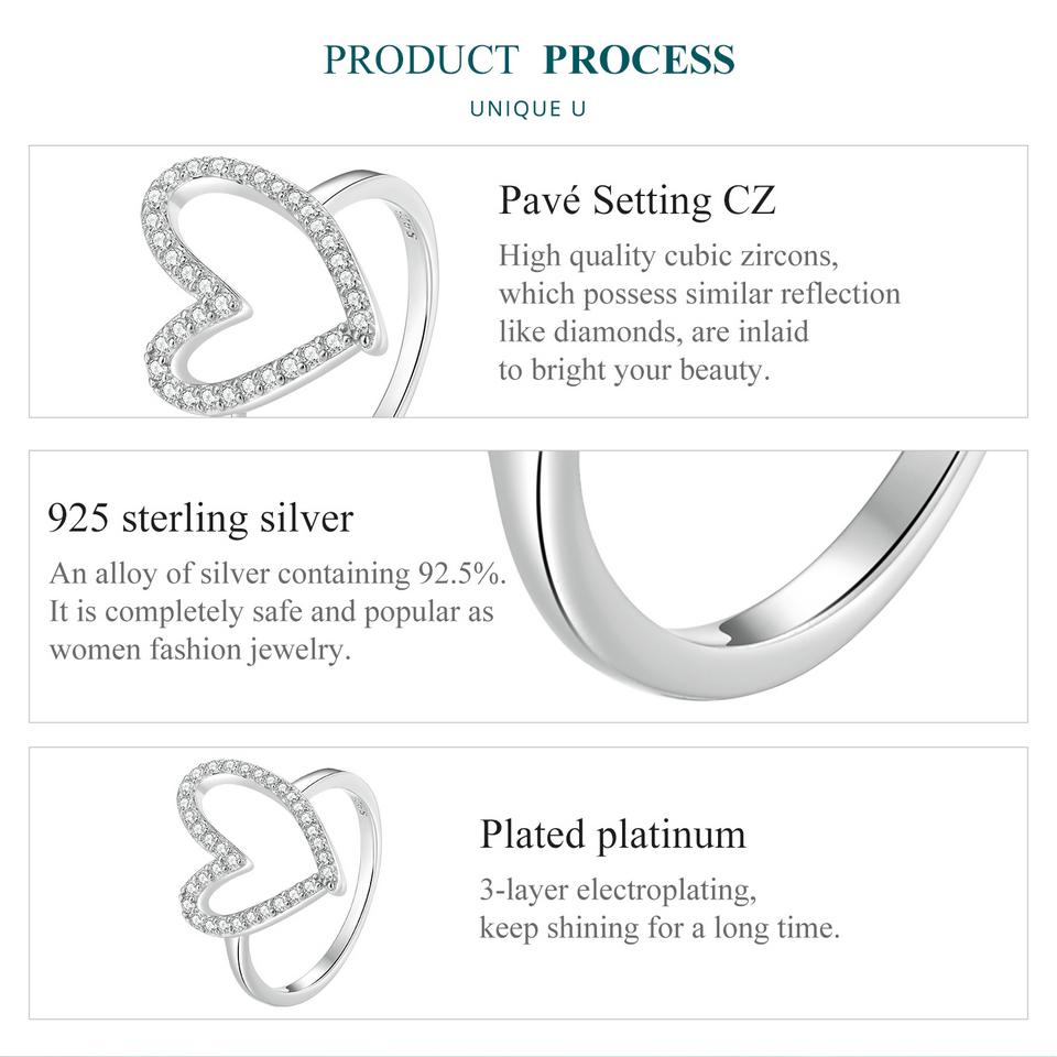 Bisaer 925 Sterling Silver Simple Heart-shaped Finger Ring for Women Anniversary Valentine's Day Gift Cubic Zirconia Jewelry