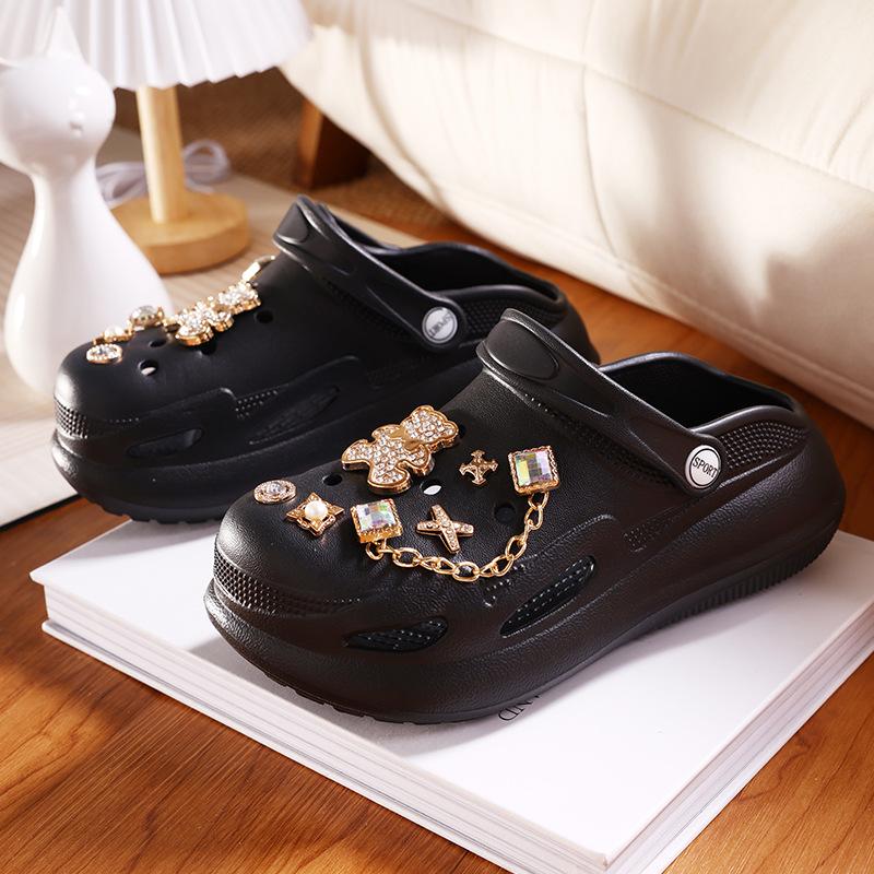 

Новые шлепанцы с пластиковыми отверстиями, женские сандалии, медвежьи шлепанцы на толстой подошве для улицы, повседневная пляжная обувь, женские шлепанцы с закрытым носком, крутые шлепанцы 41 чёрный