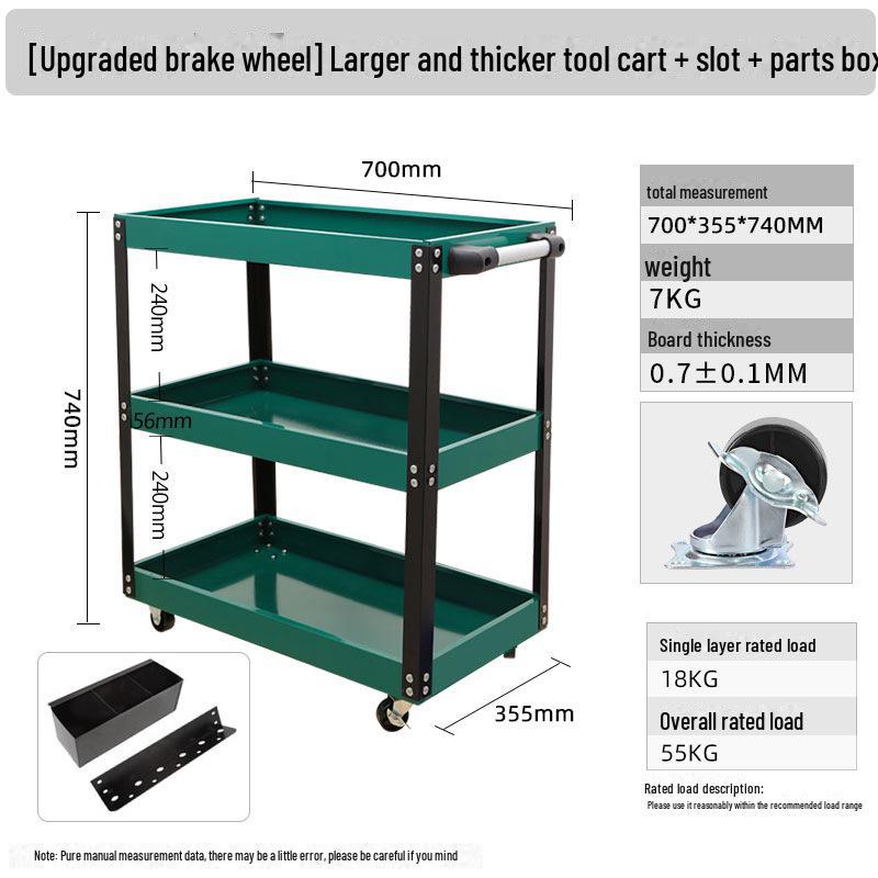 "Green Forest Utility Cart: Three-Layer Tool Trolley & Flatbed for Auto Repair & Beauty Supplies"