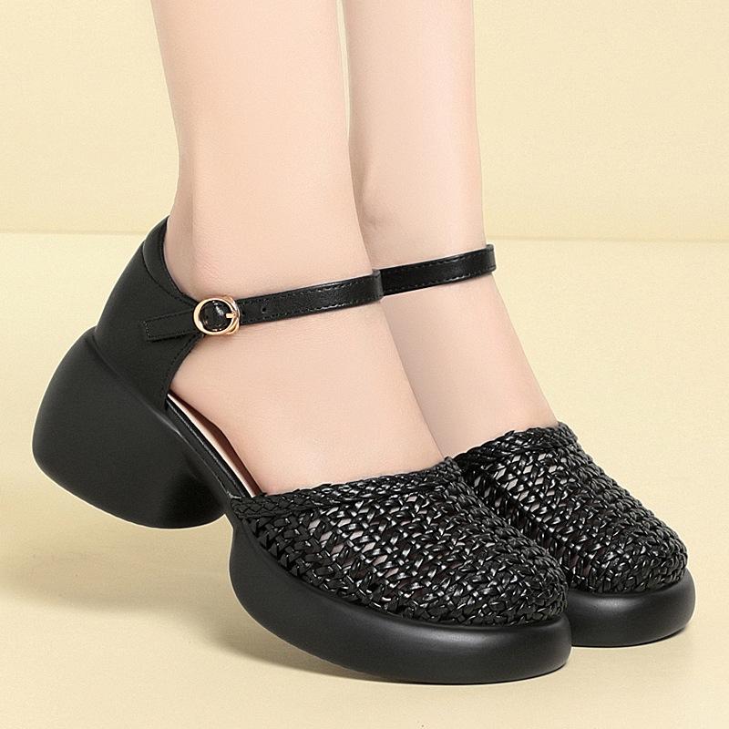 

CICIYANG 6cm Women s Sandals Retro 2025 New Summer Roman Female Sandals Large Size Woven Hollow High Heels for Women 35 чёрный