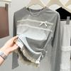 Zimní podzimní elegantní krajkové prošívání falešné dvoudílné tričko s dlouhým rukávem, halenka, dámské v novém designu s mašlí, sladké tričko se spodním dílem