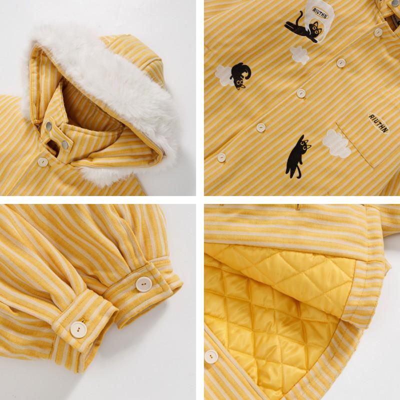 American Retro Cartoon Cat Embroidered Detachable Hood Winter Warm Cotton Coat Men Women