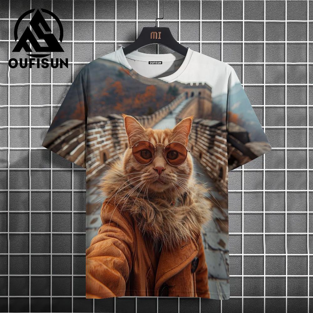 

Модные мужские футболки с рисунком животных, мужские футболки с 3D принтом кошек, мужские футболки больших размеров с короткими рукавами и круглым вырезом, повседневные мужские и женские футболки 4XL