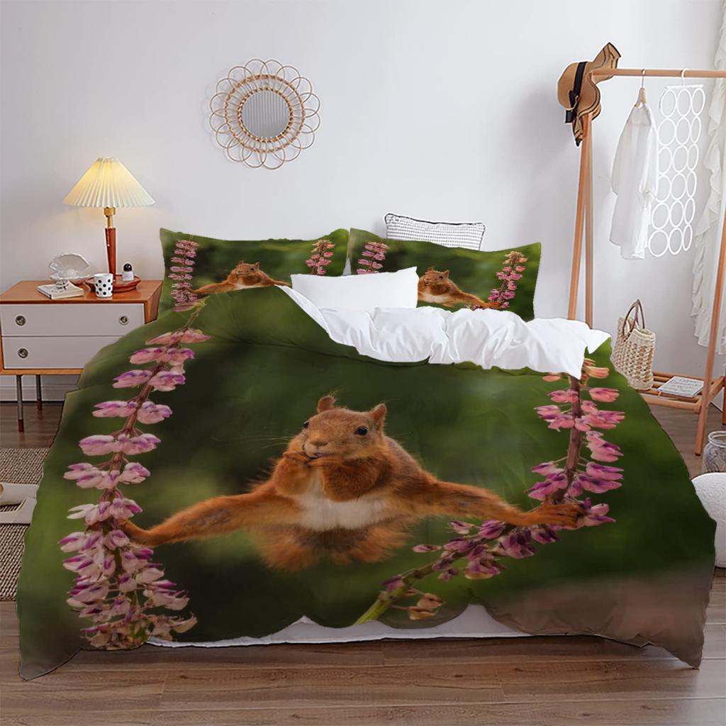 3D Squirrel King Queen Duvet Cover Lovely Animal Bedding Set For Kids Teens Adults Wildlife Green Leaves Soft 2/3pcs Quilt Cover