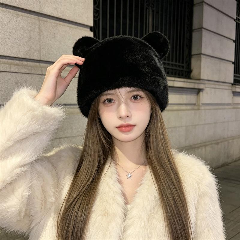 New Internet Celebrity Hat Female Autumn and Winter Mink Fashion Versatile Plush Cute Bear Ears Show Face Small Bucket Hat