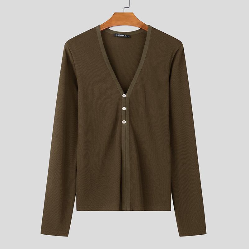 INCERUN Men V Neck Long Sleeve Buttons Rib Casual Fitted Tops T-shirts Undershirts