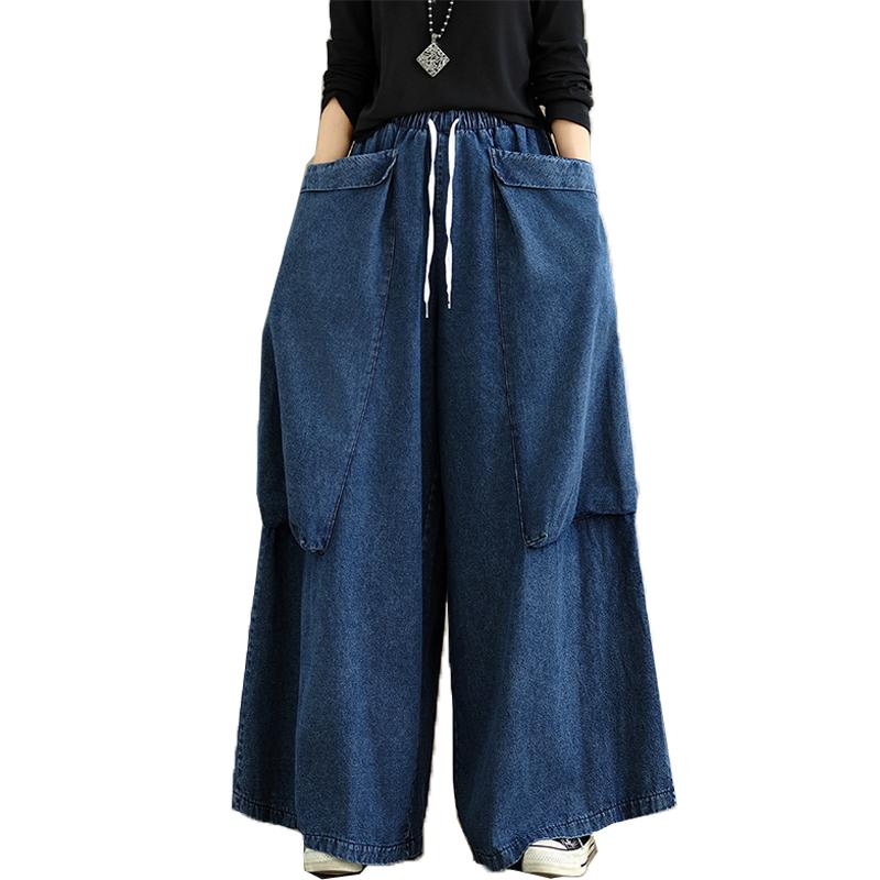 DIMANAF 2025 Autumn Winter Plus Size Jeans Women Clothing Blue Fashion Lady Loose Long Pants Big Pockets