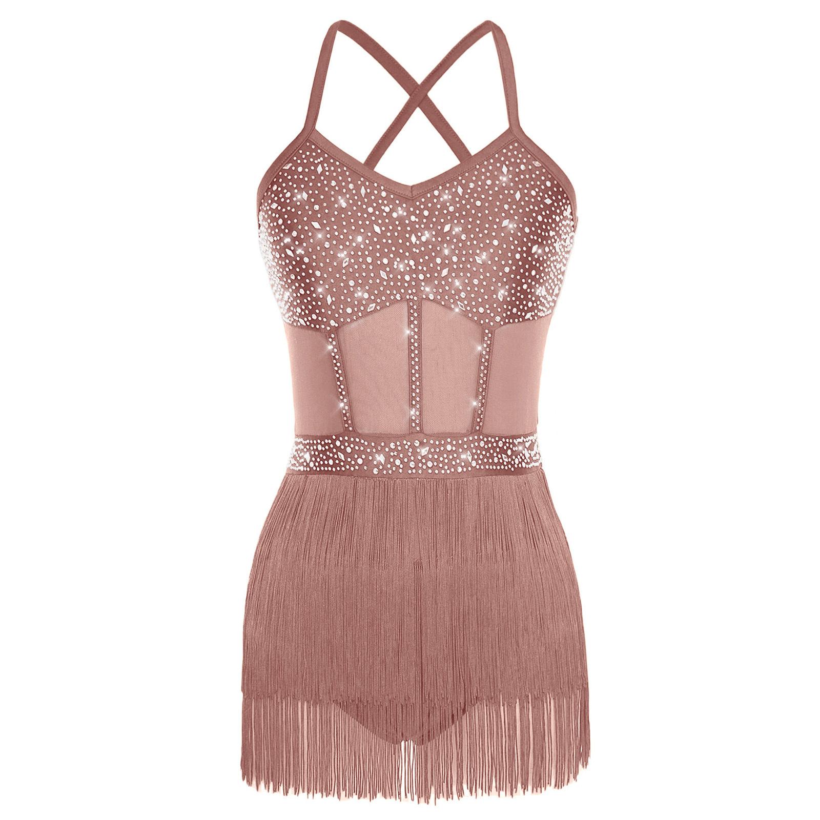 

Жіноча латиноамериканська танцювальна сукня Прозора сітка Печворк Стрази Багаторівнева Бахрома з китиць Суцільний боді S коричневий