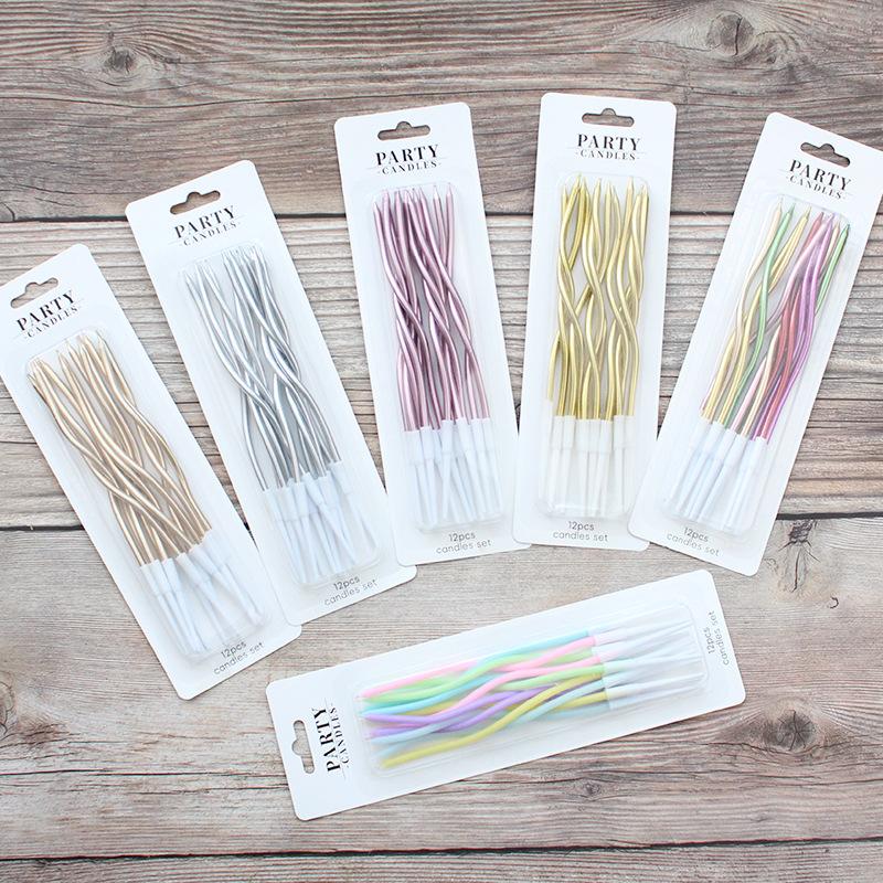 Birthday Cake Curve Multi-Color Candles Gold Plated Silver 12-Piece Suction Card Packed Spiral Colorful Candles