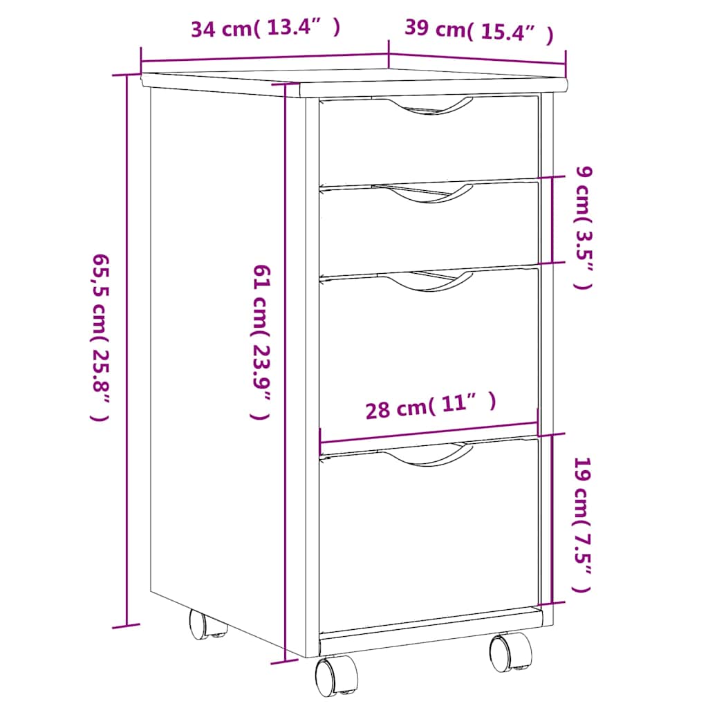 MOSS Mobile Drawer Cabinet in White Solid Pine Wood