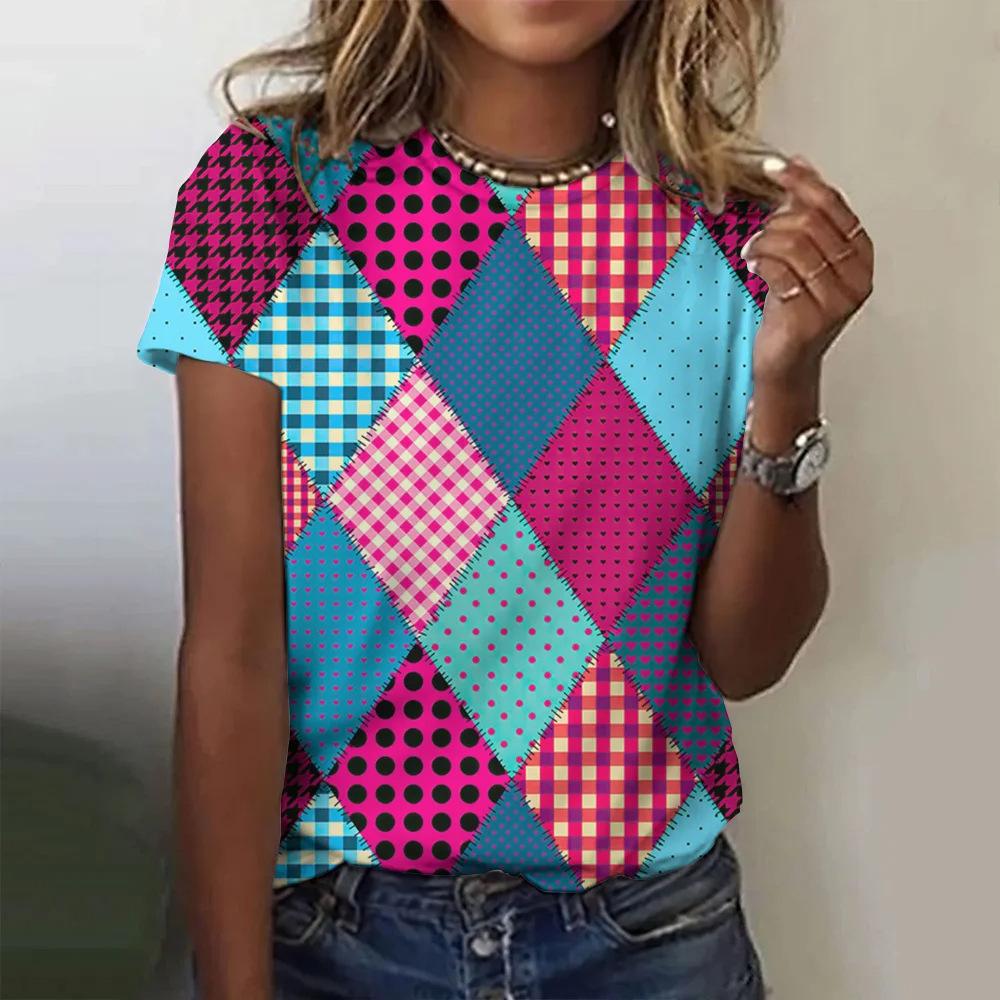 Plaid Printing Women's Printing Fashion Crew Neck Short Sleeve Casual Daily Wide T-Shirt Clothing