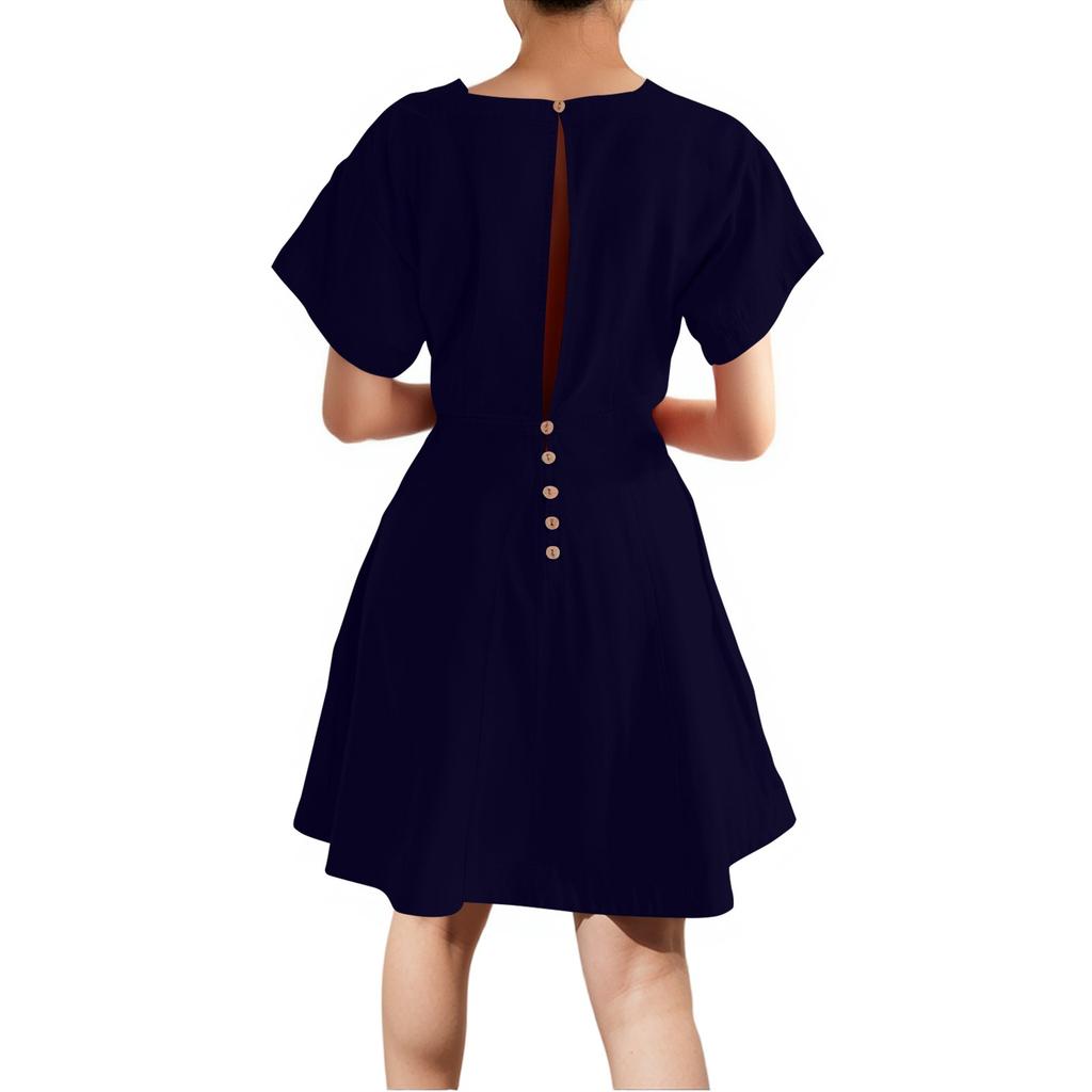 Women's Casual Fashion A-line Skirt Square Tie Button Color Dress