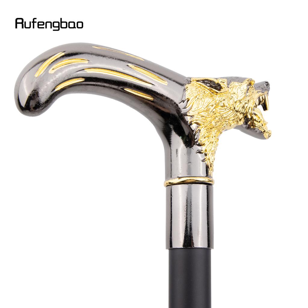 Golden Black Wolf Head Biting Walking Cane Fashion Decorative Walking Stick Gentleman Elegant Cosplay Cane Knob Crosier 92cm