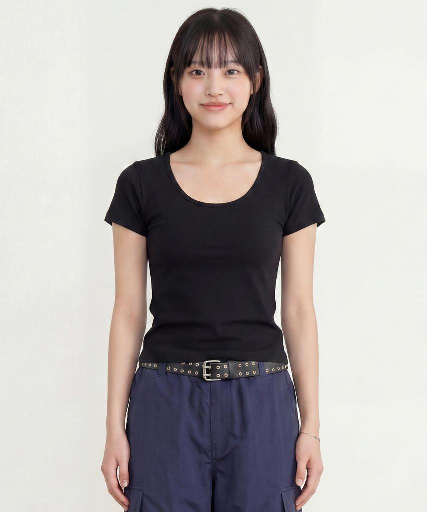 BASIC HOUSE Women'S Modal Spandex U-Neck Slim Fit Short Sleeve T-Shirt Black