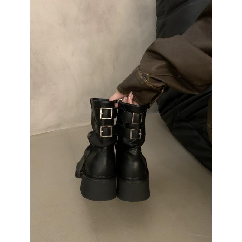 Fashion Women Mid-calf Pleated Platform Boots New 2024 Chunky Mid Heels Motorcycle Boots Fad New Trend Gladiatus Walking Chaussures Lady