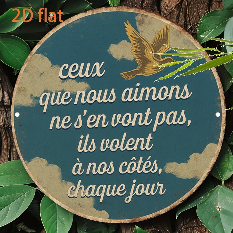 D Flat pc Vintage French Memorial Plaque Circular Aluminum Sign with Lost Loved Ones Quote Teal Background Flying Bird