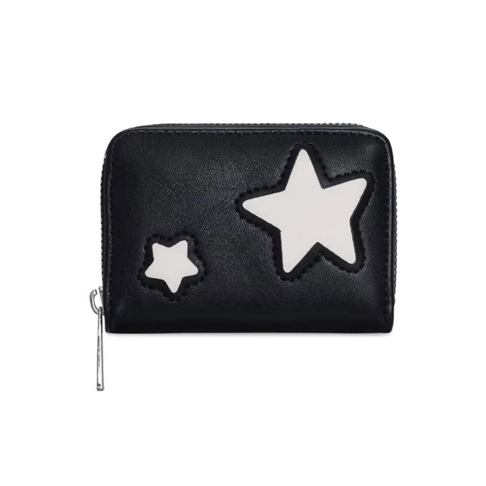 

Cute Silver Star Short Wallet PU Large Capacity Zipper Coin Purse Multiple Card Slots Credit Card Holder For Women Girls чёрный