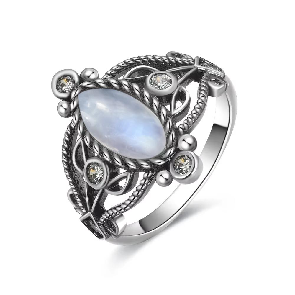 Vintage 925 Sterling Silver Natural Moonstone Rings Bohemia Oval Shape Retro Ring Gifts Fine Jewelry for Women Men