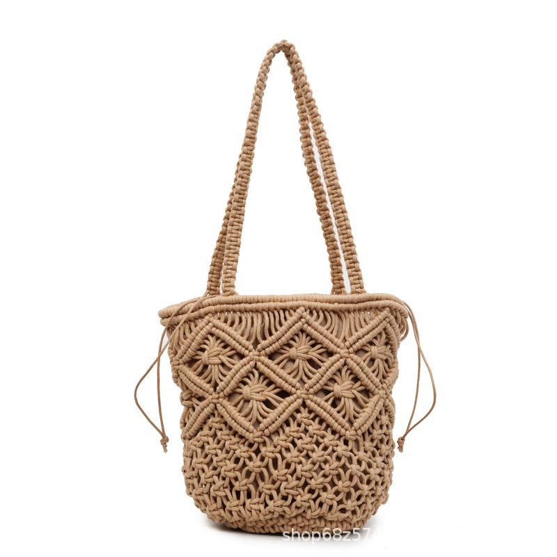 Literary and simple cotton thread shoulder woven bag women's 2025 new hollow niche handmade straw bag handbag women