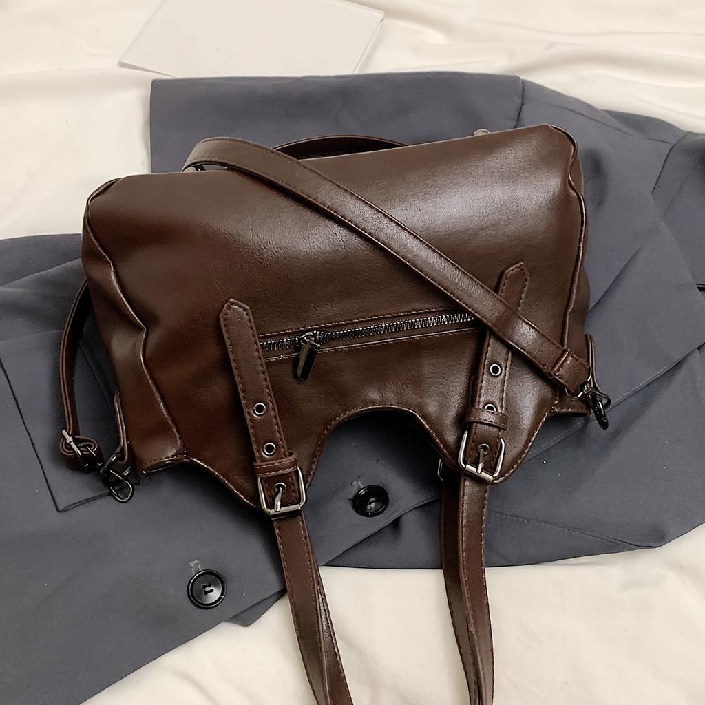 Retro Simple Solid Color Fashi Trend Large Capacity Tote Bag, Niche Design Persality Zipper Decorati Shoulder Bag,