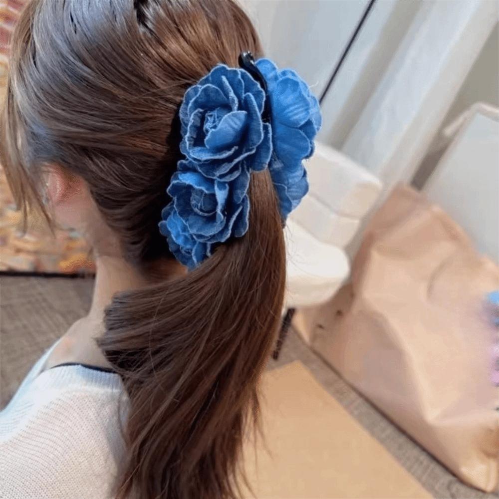 Denim Blue Flower Banana Clips Camellia Floral Twisted Hair Clip Women Vertical Clip  Spring