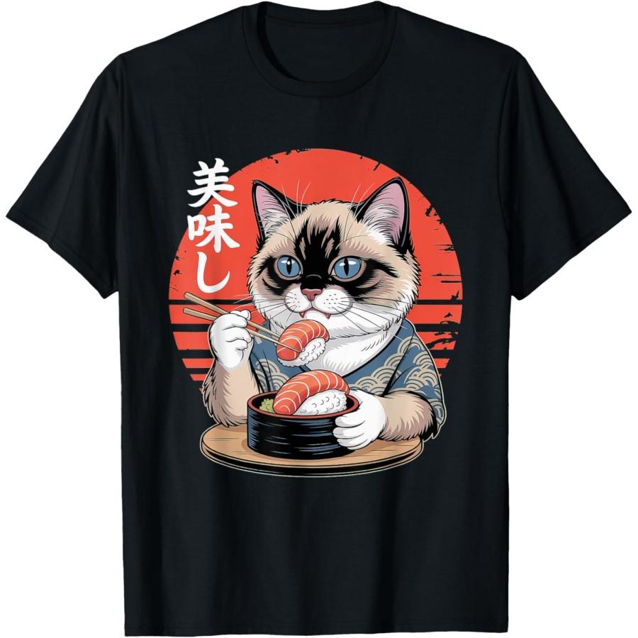 Japanese Siamese Cat Eating Sushi Kawaii Anime Cat T-Shirt S