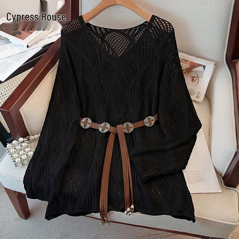 Women s Elegant V-Neck Hollow Knit Pullover Top One Size чёрный