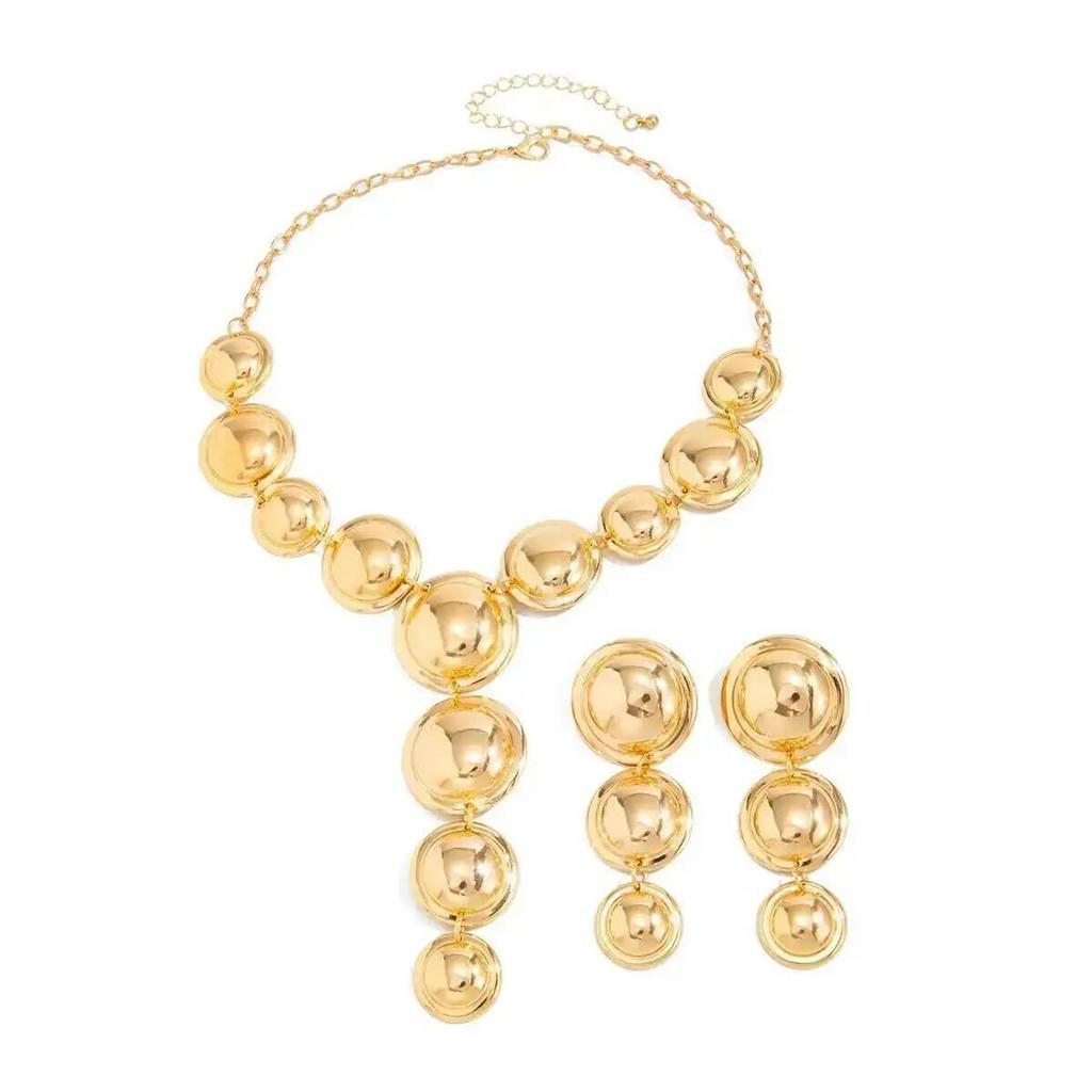 KunJoe Luxury Glossy Round Pendant Necklace Drop Earrings Jewelry Set for Women Elegant Sexy Y-Shaped Long Chain Necklace Gifts