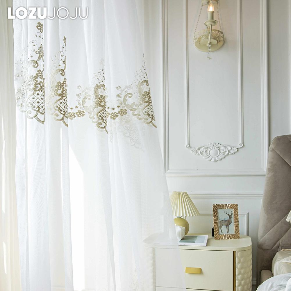 1PC LOZUJOJU French Style Gold Thread Embroidered Sheer Curtain Romantic Style Luxury Tulle for Living Room Bedroom Balcony Window Home Decor
