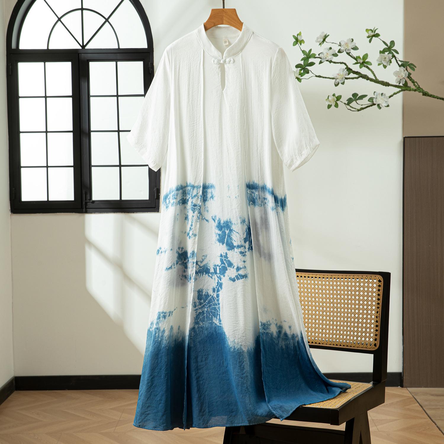 

Yunnan New Chinese Style Tie-dye Hanfu Dress for Women - Spring/Summer Cotton Silk with Frog Buttons One Size