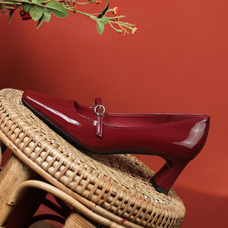 Sexy Sheepskin High Heels New Square Head Temperament Patent Leather Single Shoes Thick Heel