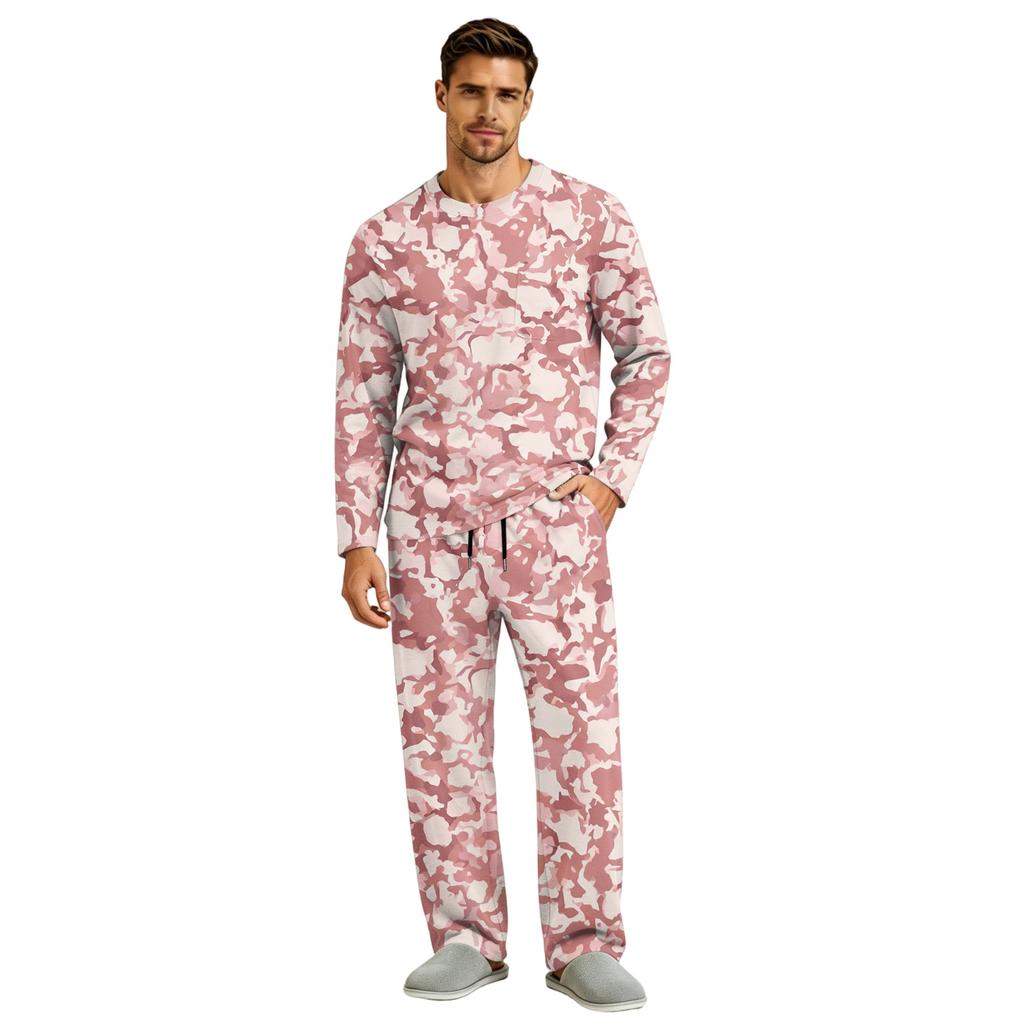 Men's Long Sleeve Pajama Set with Button Crotch and Elastic Drawstring Waist Pants for Home Loungewear