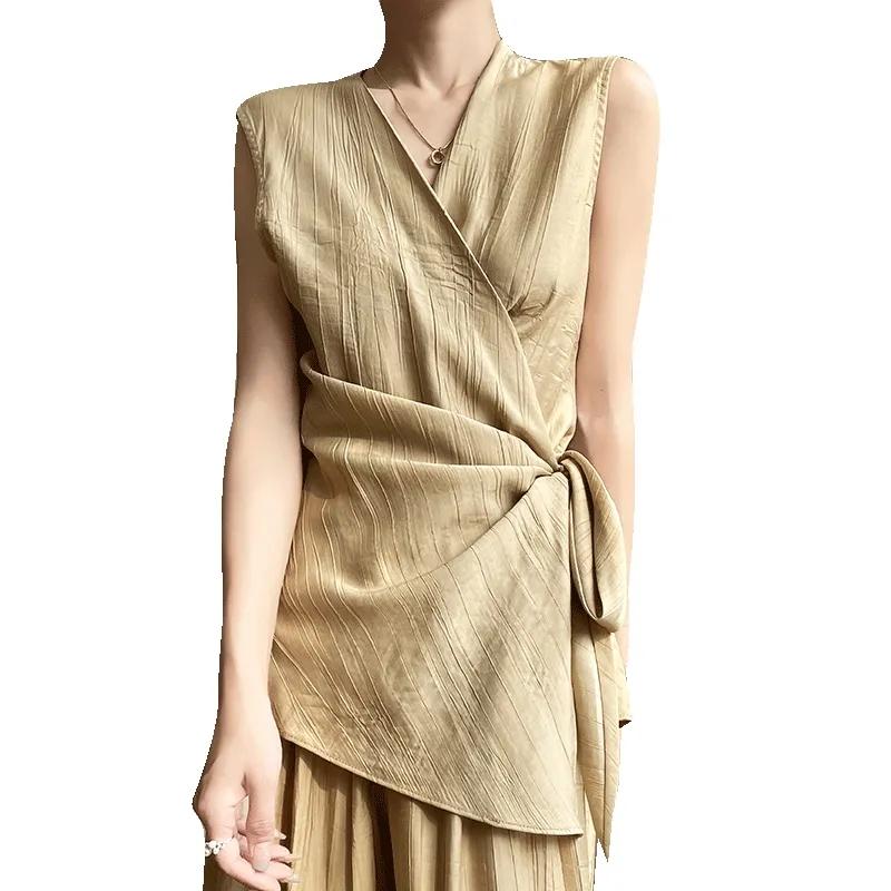 Summer Women's V Neck Wrap Sleeveless Shirt Tie Waist Casual Blouse