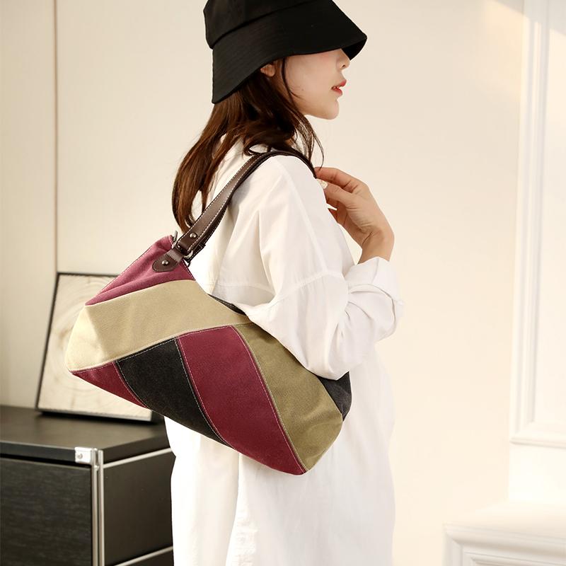 Women's Canvas Bag Color Contrast Shoulder Bag Bag Stitching